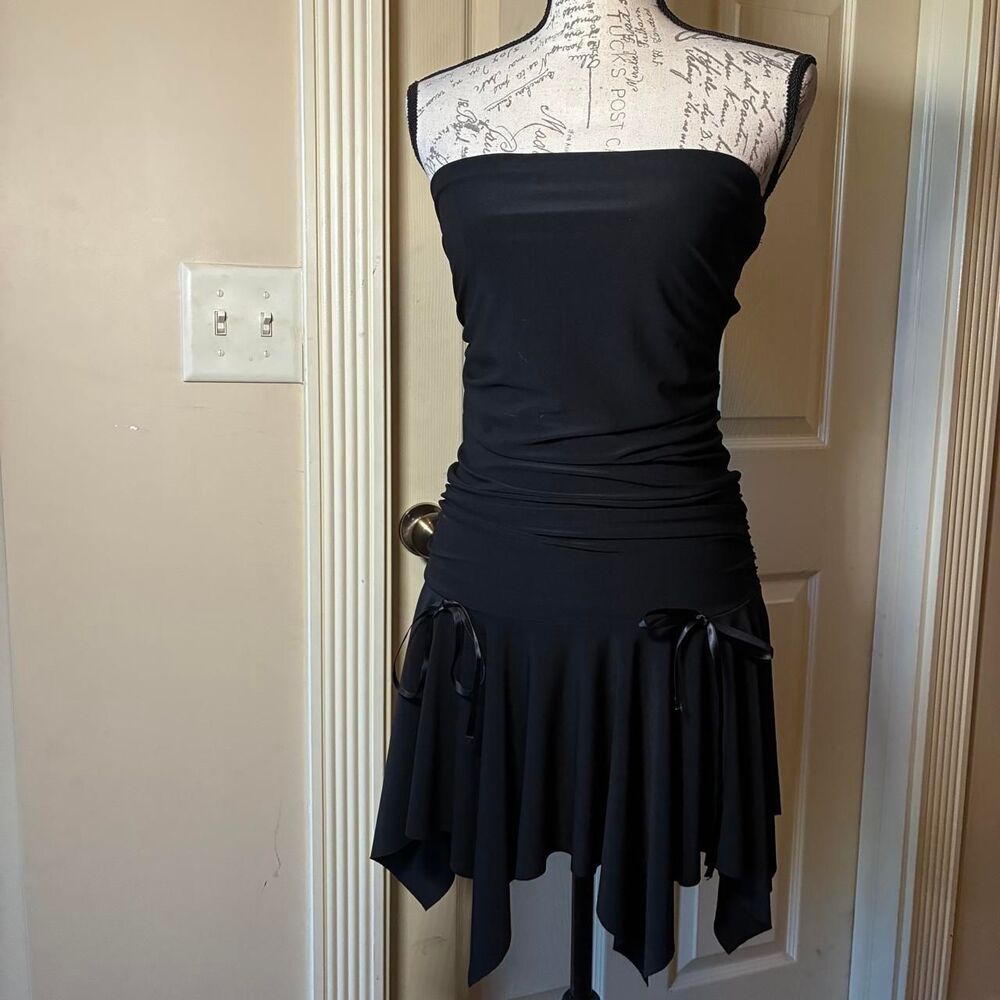 Vtg Y2K Black Strapless Drop Ruched Waist Handkerchief Hem Mini Dress w/Bows